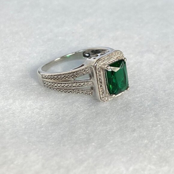 Sterling Silver 925 Rectangular Prong Set Green Emerald Glass Ring Sz 6.75 - Picture 8 of 16